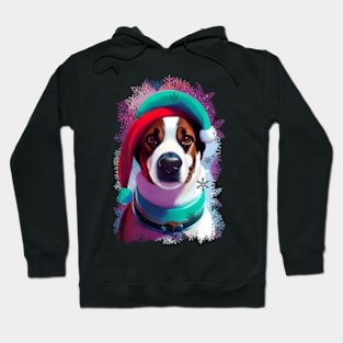 Dog wearing Santa Hat, christmas colorful snow ensemble pattern. Hoodie